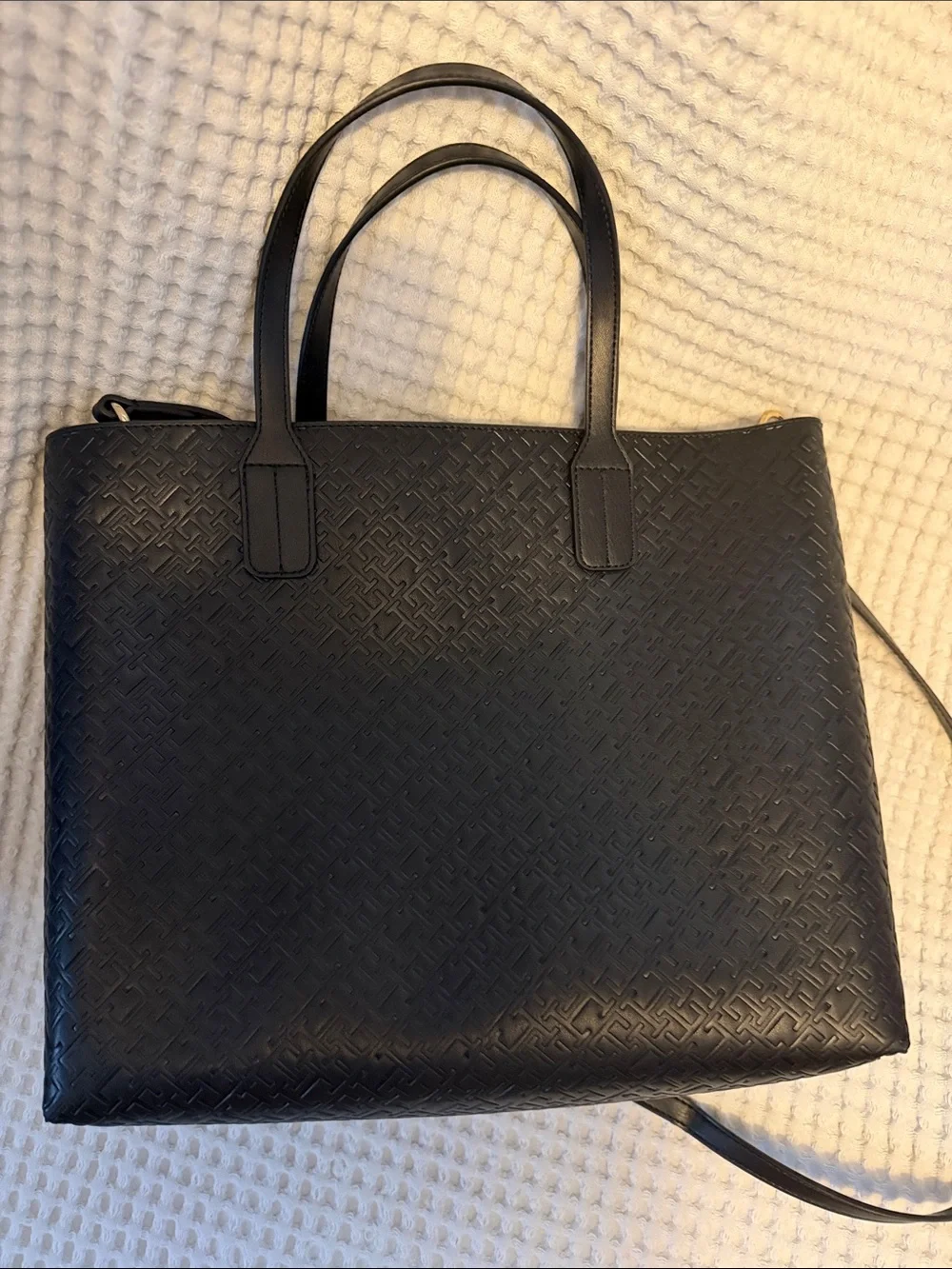 Tommy Hilfiger Black Embossed Leather Messenger Tote with Removable Strap